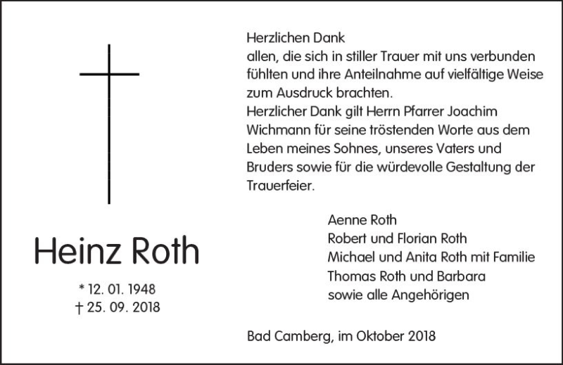  Traueranzeige für Heinz Roth vom 25.10.2018 aus  Camberger Anzeiger