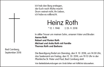 Traueranzeige von Heinz Roth von  Camberger Anzeiger