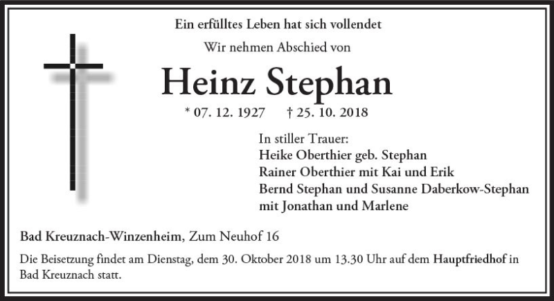  Traueranzeige für Heinz Stephan vom 27.10.2018 aus vrm-trauer
