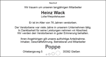 Traueranzeige von Heinz Wack von  Gießener Anzeiger