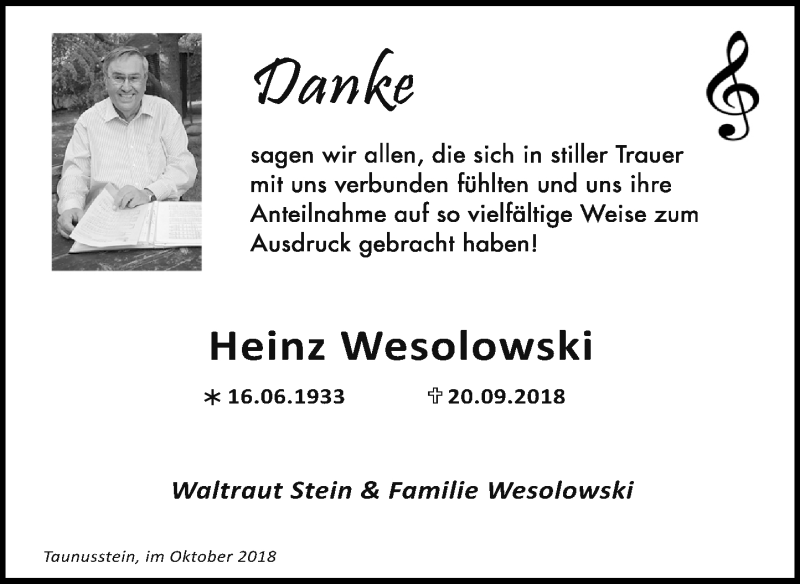  Traueranzeige für Heinz Weselowski vom 13.10.2018 aus vrm-trauer
