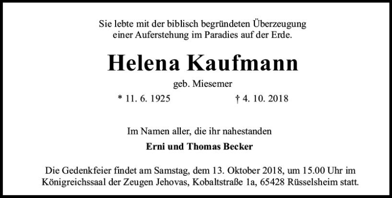  Traueranzeige für Helena Kaufmann vom 10.10.2018 aus vrm-trauer