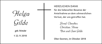 Traueranzeige von Helga Gilde von  Kreisanzeiger