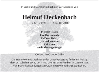 Traueranzeige von Helmut Deckenbach von  Kreisanzeiger