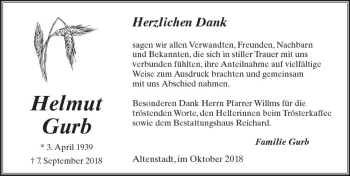 Traueranzeige von Helmut Gurb von  Kreisanzeiger