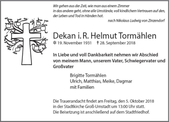 Traueranzeige von Helmut Tormählen von vrm-trauer