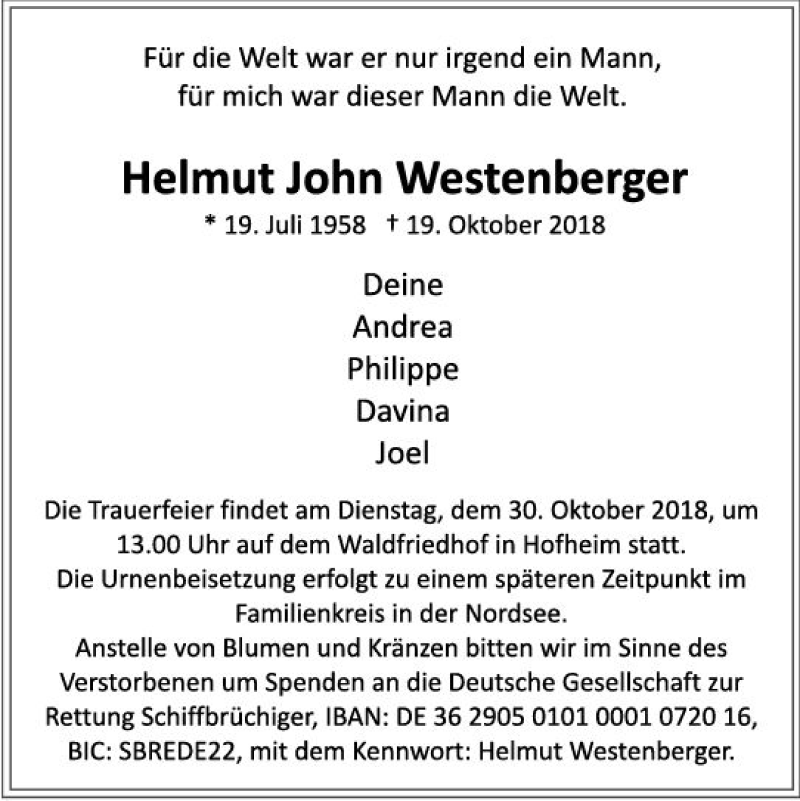  Traueranzeige für Helmut John Westenberger vom 26.10.2018 aus vrm-trauer
