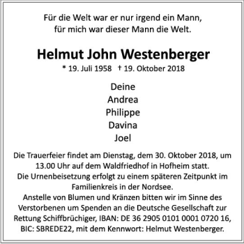 Traueranzeige von Helmut John Westenberger von vrm-trauer