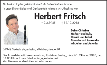 Traueranzeige von Herbert Fritsch von vrm-trauer