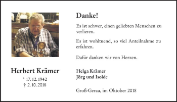 Traueranzeige von Herbert Krämer von vrm-trauer