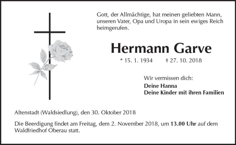  Traueranzeige für Hermann Garve vom 30.10.2018 aus  Kreisanzeiger