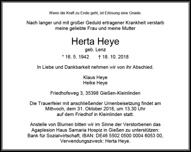  Traueranzeige für Herta Heye vom 27.10.2018 aus  Gießener Anzeiger