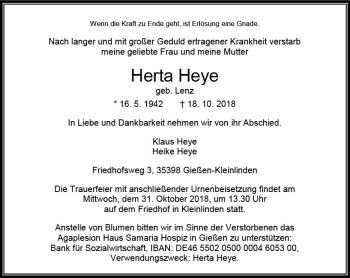 Traueranzeige von Herta Heye von  Gießener Anzeiger