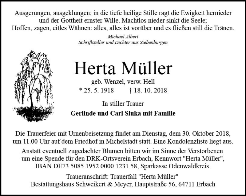  Traueranzeige für Herta Müller vom 24.10.2018 aus vrm-trauer