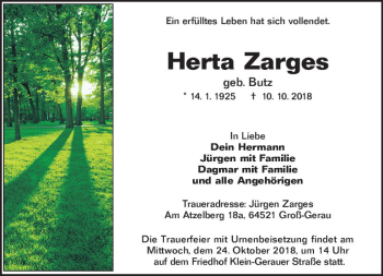 Traueranzeige von Herta Zarges von vrm-trauer
