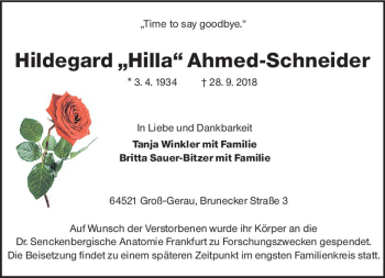 Traueranzeige von Hildegard Ahmed-Schneider von vrm-trauer