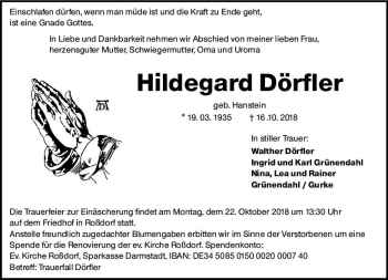 Traueranzeige von Hildegard Dörfler von vrm-trauer