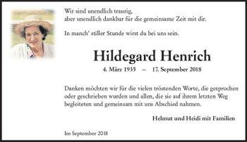 Traueranzeige von Hildegard Henrich von vrm-trauer