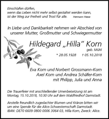 Traueranzeige von Hildegard Korn von vrm-trauer