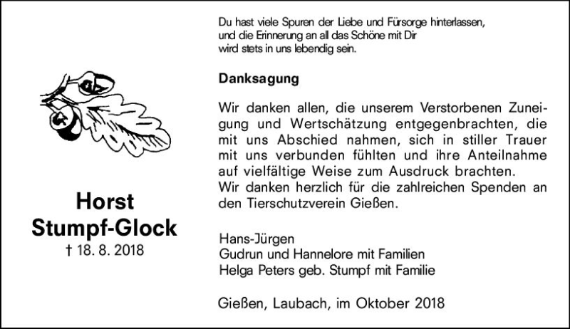  Traueranzeige für Horst Stumpf-Glock vom 13.10.2018 aus  Gießener Anzeiger
