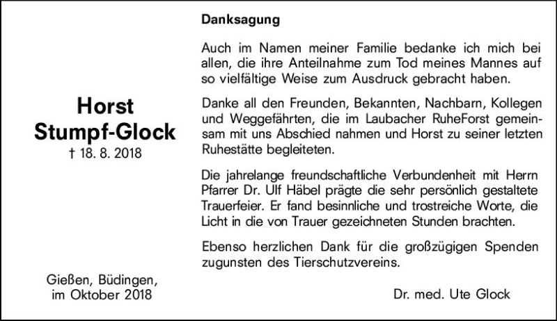  Traueranzeige für Horst Stumpf-Glock vom 13.10.2018 aus  Kreisanzeiger
