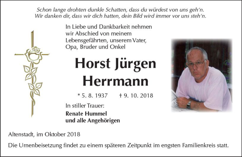  Traueranzeige für Horst Jürgen Herrmann vom 13.10.2018 aus  Kreisanzeiger