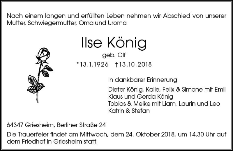  Traueranzeige für Ilse König vom 20.10.2018 aus vrm-trauer