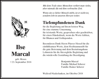 Traueranzeige von Ilse Marcal von  Usinger Anzeiger