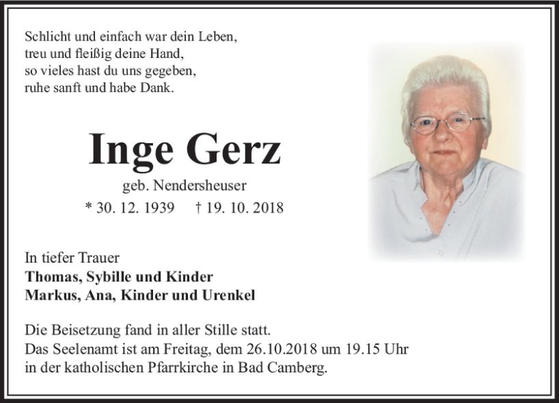  Traueranzeige für Inge Gerz vom 25.10.2018 aus  Camberger Anzeiger