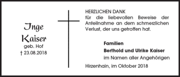 Traueranzeige von Inge Kaiser von  Kreisanzeiger