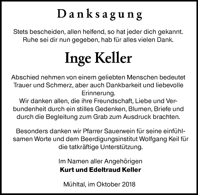  Traueranzeige für Inge Keller vom 13.10.2018 aus vrm-trauer