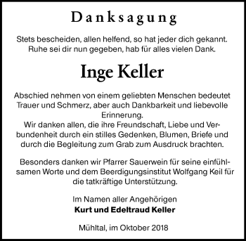 Traueranzeige von Inge Keller von vrm-trauer