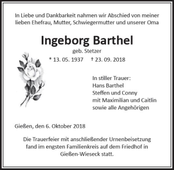 Traueranzeige von Ingeborg Barthel von  Gießener Anzeiger