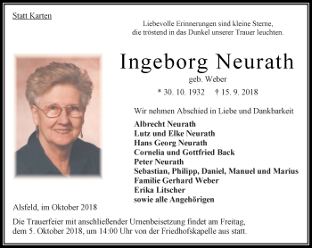 Traueranzeige von Ingeborg Neurath von VRM Trauer
