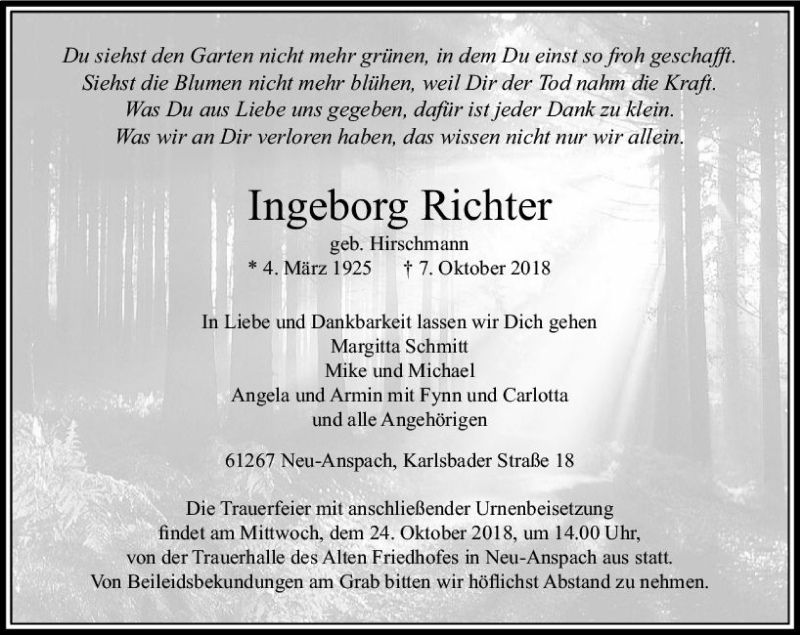  Traueranzeige für Ingeborg Richter vom 20.10.2018 aus  Usinger Anzeiger