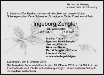 Traueranzeige von Ingeborg Zengler von VRM Trauer