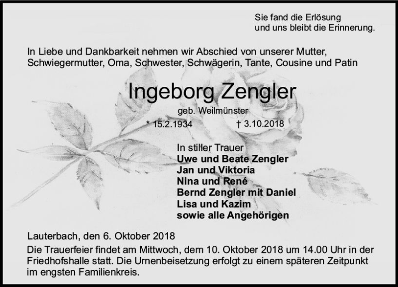  Traueranzeige für Ingeborg Zengler vom 06.10.2018 aus VRM Trauer