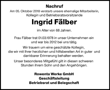 Traueranzeige von Ingrid Fälber von vrm-trauer