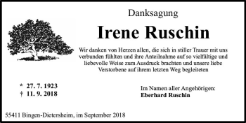 Traueranzeige von Irene Ruschin von vrm-trauer