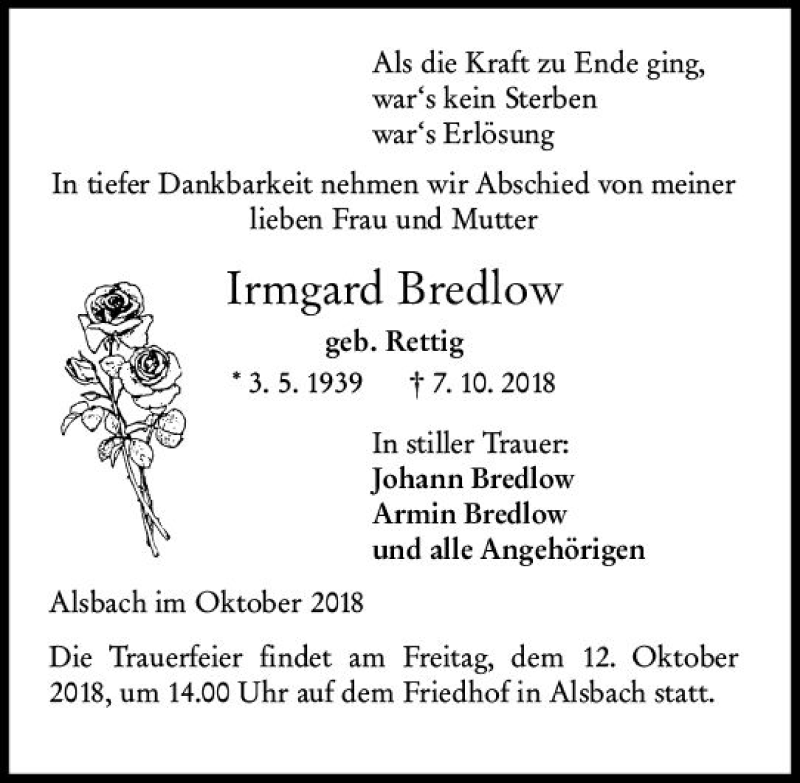  Traueranzeige für Irmgard Bredlow vom 10.10.2018 aus vrm-trauer