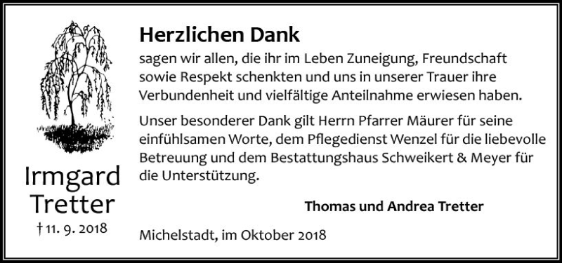  Traueranzeige für Irmgard Tretter vom 20.10.2018 aus vrm-trauer