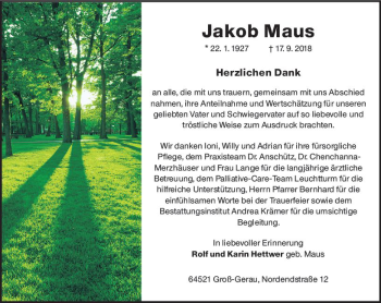 Traueranzeige von Jakob Maus von vrm-trauer
