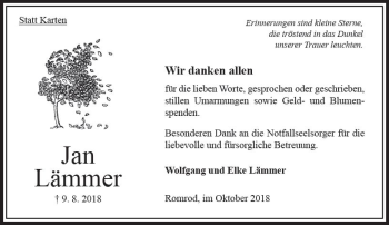 Traueranzeige von Jan Lämmer von VRM Trauer