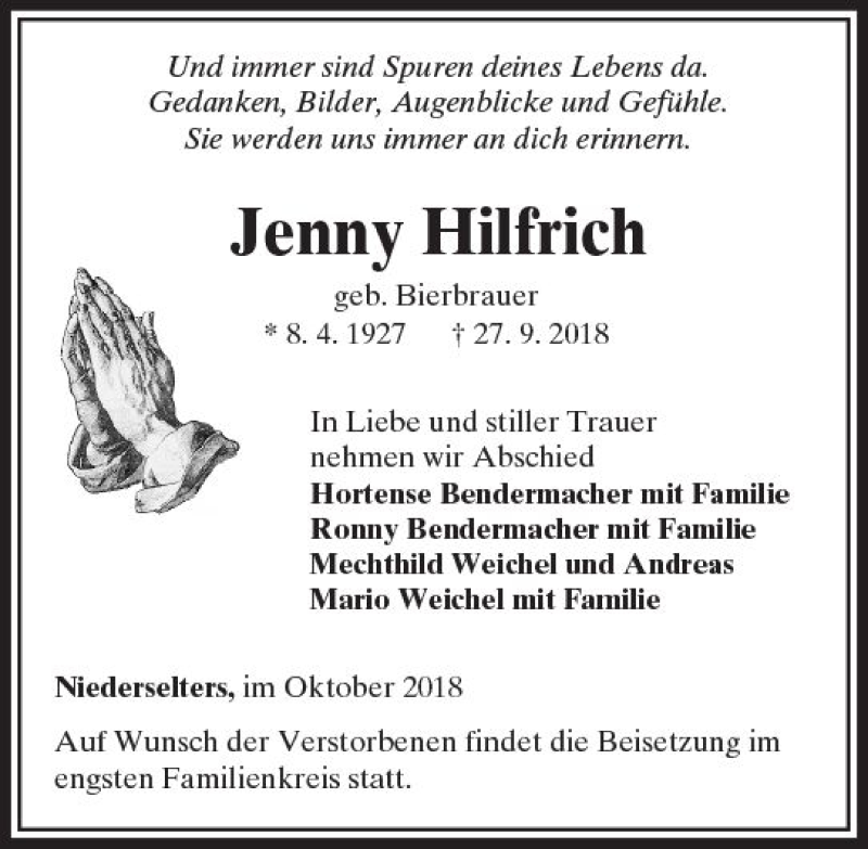  Traueranzeige für Jenny Hilfrich vom 04.10.2018 aus  Camberger Anzeiger