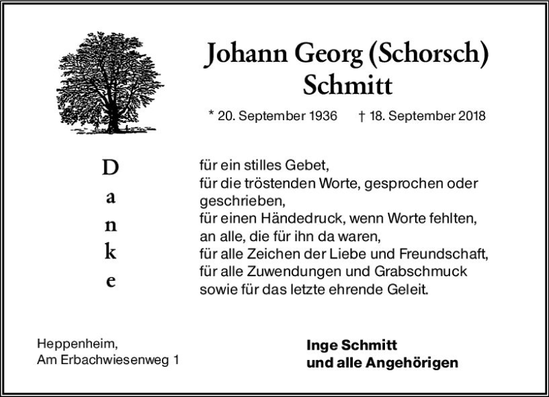  Traueranzeige für Johann Georg Schmitt vom 20.10.2018 aus vrm-trauer