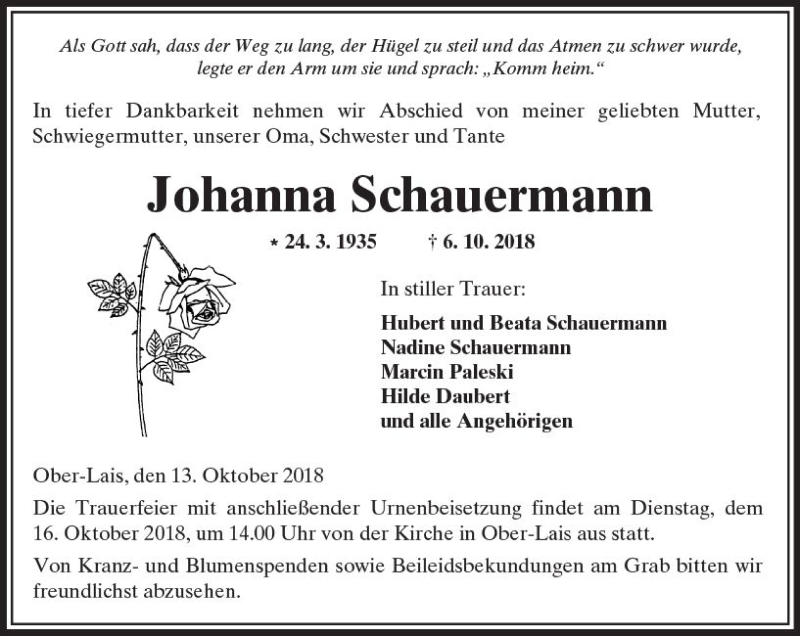  Traueranzeige für Johanna Schauermann vom 13.10.2018 aus  Kreisanzeiger