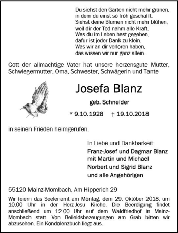Traueranzeige von Josefa Blanz von vrm-trauer