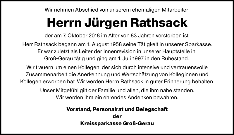  Traueranzeige für Jürgen Rathsack vom 13.10.2018 aus vrm-trauer