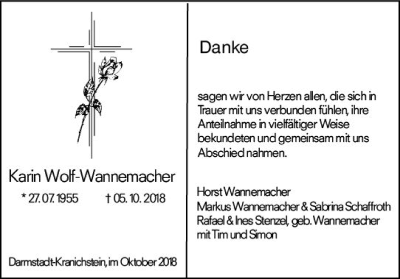  Traueranzeige für Karin Woff-Wannemacher vom 27.10.2018 aus vrm-trauer