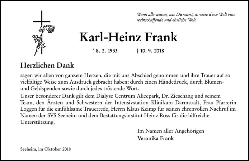  Traueranzeige für Karl-Heinz Frank vom 06.10.2018 aus vrm-trauer